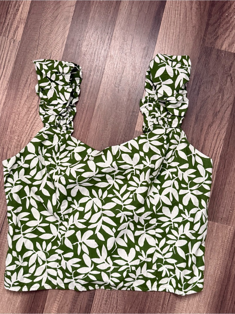 Abercrombie & Fitch Green and White Leaf-Print Ruffle Strap Crop Top
